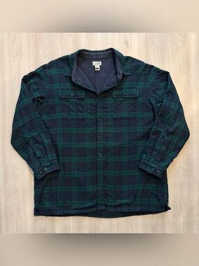 Vintage LL Bean Blue / Green Plaid Flannel Fleece Lined Button-up Shacket Sz XL